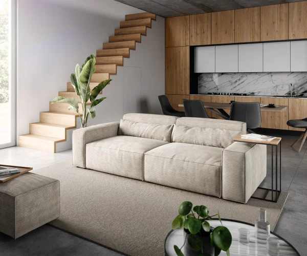 Big-Sofa Sirpio 230x90 cm Velours côtelé Beige avec Tabouret