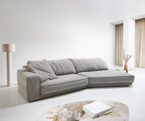 Bigsofa Snoosh 400x150 cm Tissu structuré gris soft avec méridienne à droite