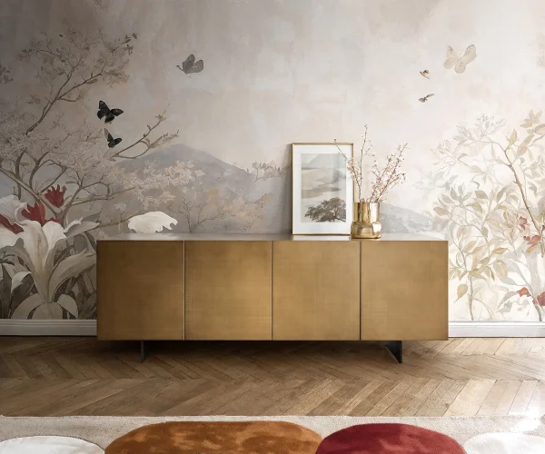 Buffet Aira 200 cm or métallique 4 portes flottantes métal noir