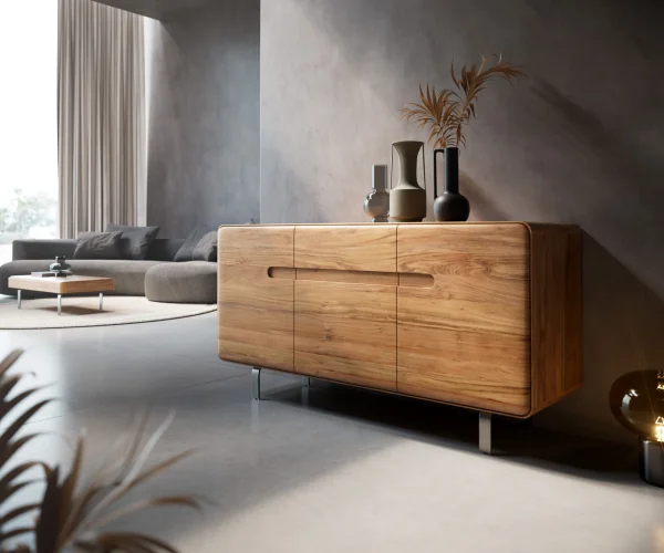 Buffet Anaya 145 cm acacia naturel 3 portes pied en L inox
