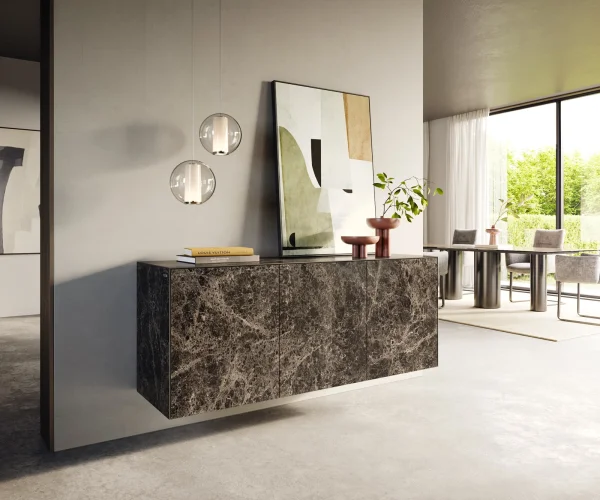 Buffet Cuor 150 cm Céramique Laminam® Emperador Extra Lucidato brun foncé 3 Portes Flottant