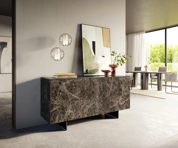 Buffet Cuor 150 cm Céramique Laminam® Emperador Extra Lucidato brun foncé 3 Portes Pied optique flottant Métal Noir