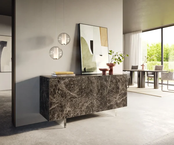 Buffet Cuor 150 cm Céramique Laminam® Emperador Extra Lucidato brun foncé 3 Portes Pied optique flottant Verre acrylique
