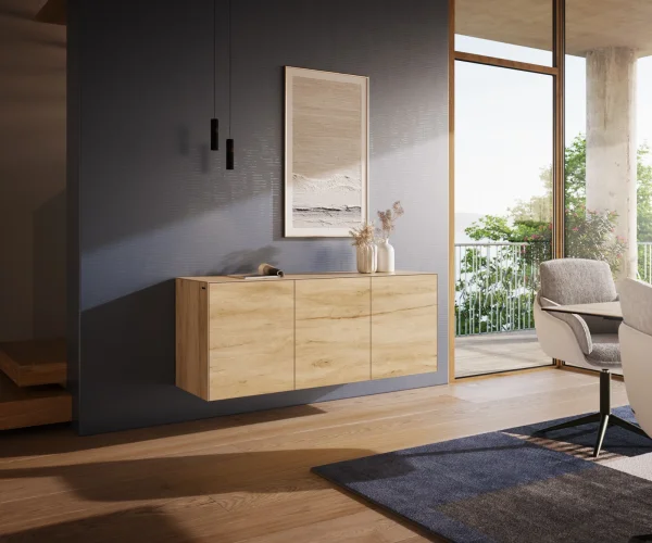 Buffet Cuor 150 cm Céramique Laminam® Sabbia Teinte chêne 3 Portes Flottant