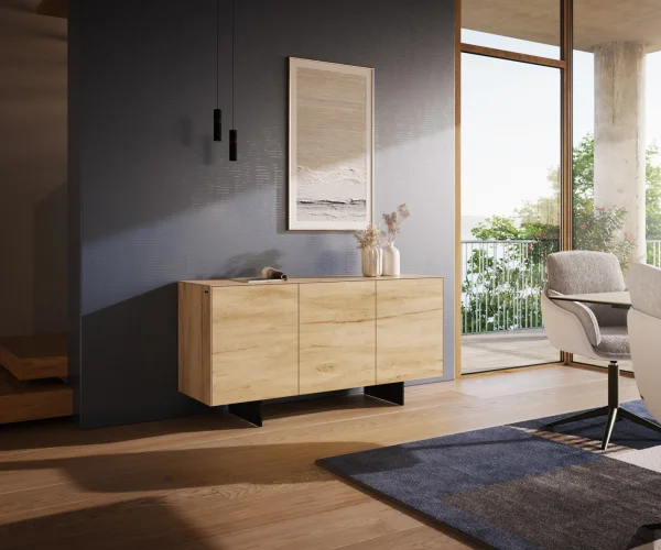 Buffet Cuor 150 cm Céramique Laminam® Sabbia Teinte chêne 3 Portes Pied optique flottant Métal Noir