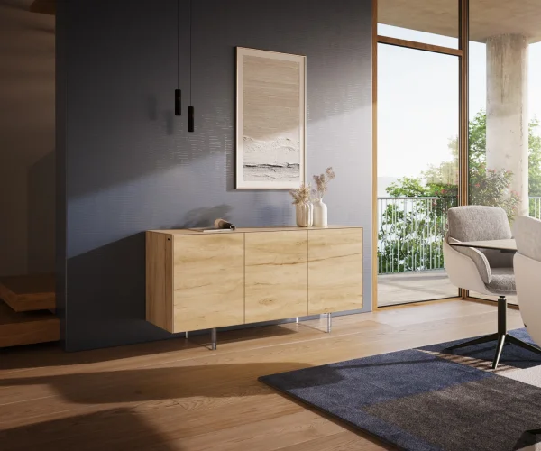 Buffet Cuor 150 cm Céramique Laminam® Sabbia Teinte chêne 3 Portes Pied optique flottant Verre acrylique