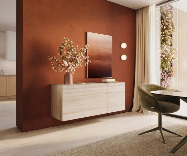 Buffet Cuor 150 cm Céramique Laminam® Travertino Bianco Crème-blanc 3 Portes Flottant