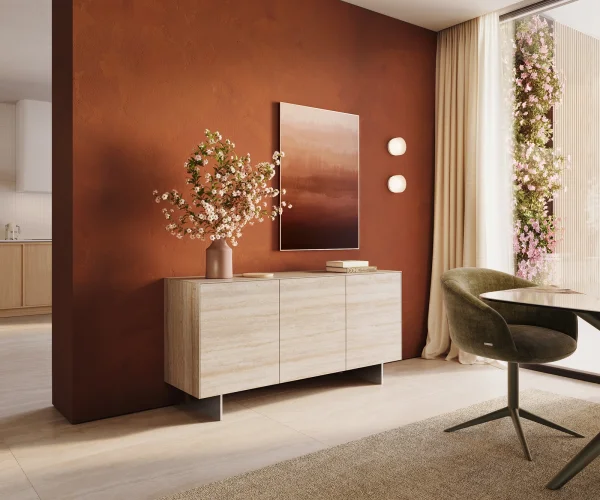 Buffet Cuor 150 cm Céramique Laminam® Travertino Bianco Crème-blanc 3 Portes Pied optique flottant Ancier inoxydable