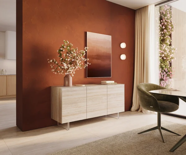 Buffet Cuor 150 cm Céramique Laminam® Travertino Bianco Crème-blanc 3 Portes Pied optique flottant Verre acrylique