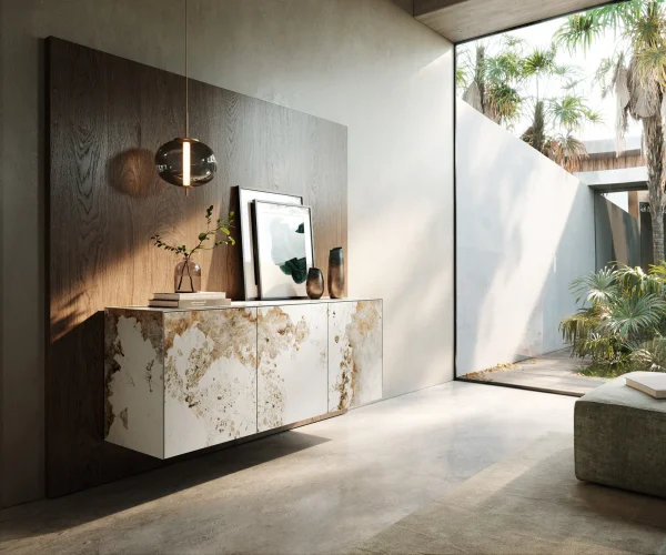 Buffet Cuor 150 cm Céramique Minas Melange Blanc-beige 3 Portes Flottant