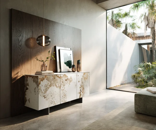 Buffet Cuor 150 cm Céramique Minas Melange Blanc-beige 3 Portes Pied optique flottant Ancier inoxydable