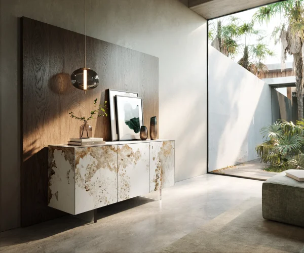 Buffet Cuor 150 cm Céramique Minas Melange Blanc-beige 3 Portes Pied optique flottant Verre acrylique