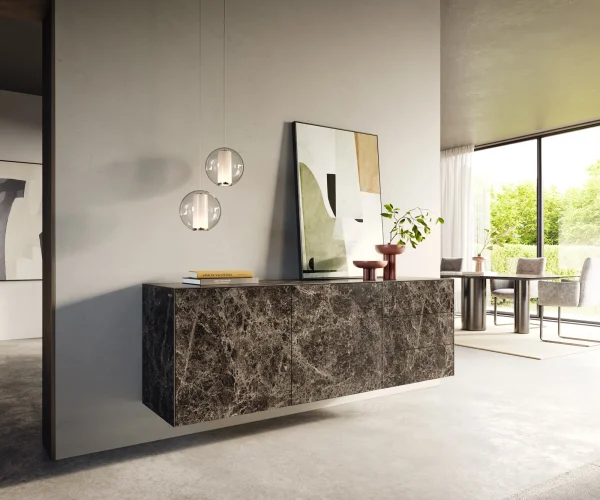 Buffet Cuor 180 cm Céramique Emperador Extra Lucidato brun foncé 2 Portes 3 Tiroirs Flottant