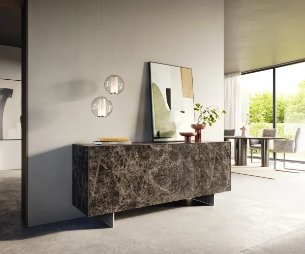 Buffet Cuor 180 cm Céramique Emperador Extra Lucidato brun foncé 2 Portes 3 Tiroirs Pied optique flottant Ancier inoxydable