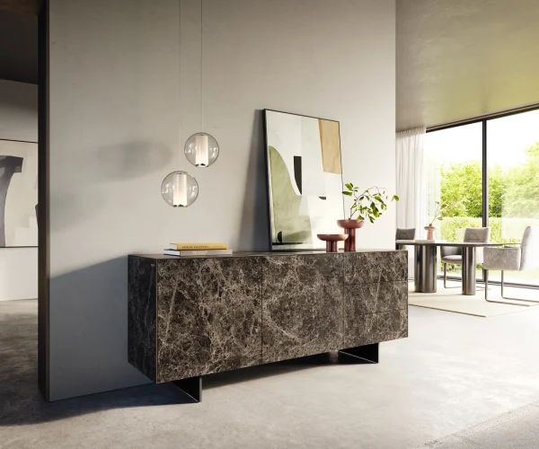 Buffet Cuor 180 cm Céramique Laminam® Emperador Extra Lucidato brun foncé 2 Portes 3 Tiroirs Pied optique flottant Métal Noir