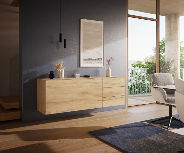 Buffet Cuor 180 cm Céramique Laminam® Sabbia Teinte chêne 2 Portes 3 Tiroirs Flottant