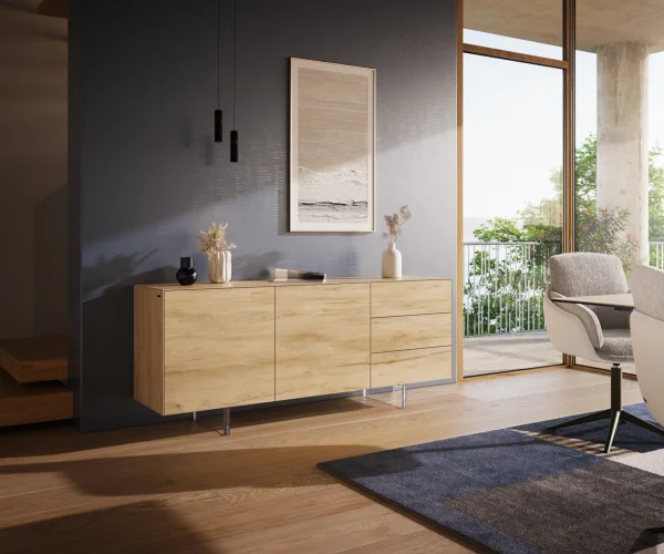 Buffet Cuor 180 cm Céramique Laminam® Sabbia Teinte chêne 2 Portes 3 Tiroirs Pied optique flottant Verre acrylique