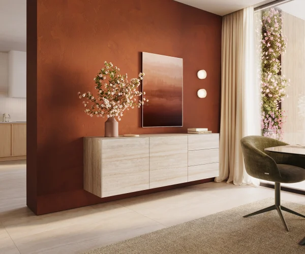 Buffet Cuor 180 cm Céramique Laminam® Travertino Bianco Crème-blanc 2 Portes 3 Tiroirs Flottant