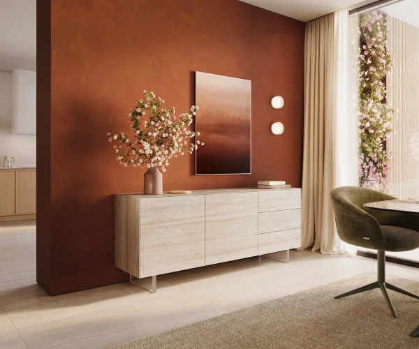 Buffet Cuor 180 cm Céramique Laminam® Travertino Bianco Crème-blanc 2 Portes 3 Tiroirs Pied optique flottant Verre acrylique