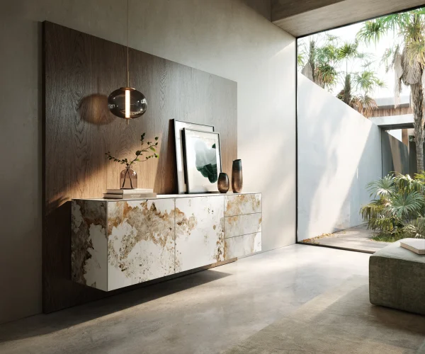 Buffet Cuor 180 cm Céramique Minas Melange Blanc-beige 2 Portes 3 Tiroirs Flottant
