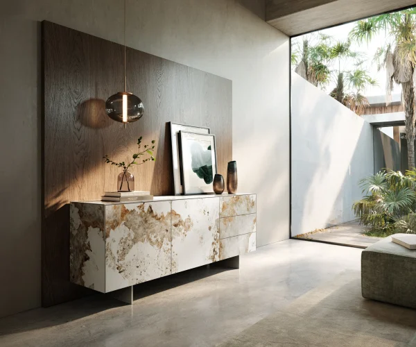 Buffet Cuor 180 cm Céramique Minas Melange Blanc-beige 2 Portes 3 Tiroirs Pied optique flottant Ancier inoxydable