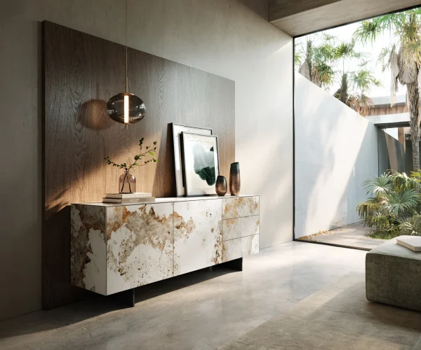 Buffet Cuor 180 cm Céramique Minas Melange Blanc-beige 2 Portes 3 Tiroirs Pied optique flottant Métal Noir