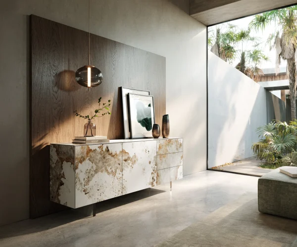 Buffet Cuor 180 cm Céramique Minas Melange Blanc-beige 2 Portes 3 Tiroirs Pied optique flottant Verre acrylique