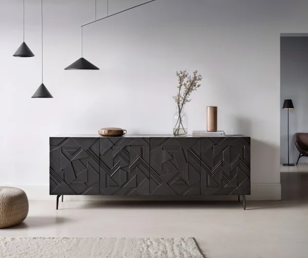 Buffet Dareios 200 cm orme noir effet 3D 4 portes pied équerre métal noir