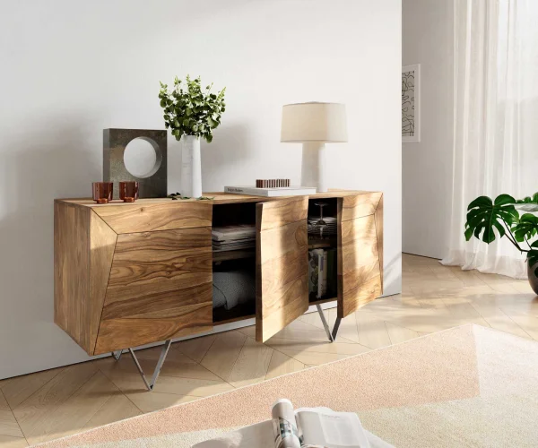 Buffet design Wyatt 150 cm Sheesham naturel optique 3D en haut acier inoxydable