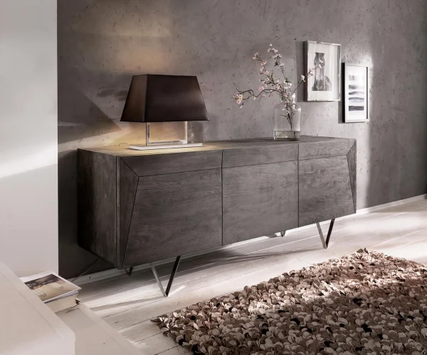 Buffet design Wyatt 175 cm acacia platine 3D aspect inoxydable en haut