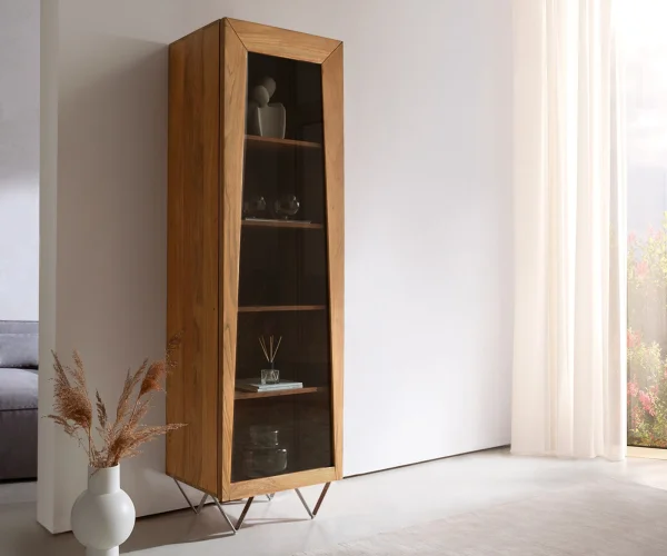 Buffet-haut Kayu 55x180 cm acacia naturel vitrine 1 porte pied en V