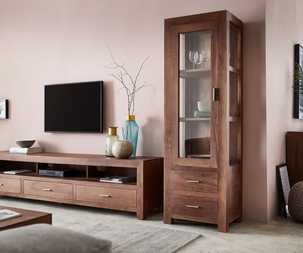 Buffet Indra acacia marron vitré avec 2 tiroirs 1 porte