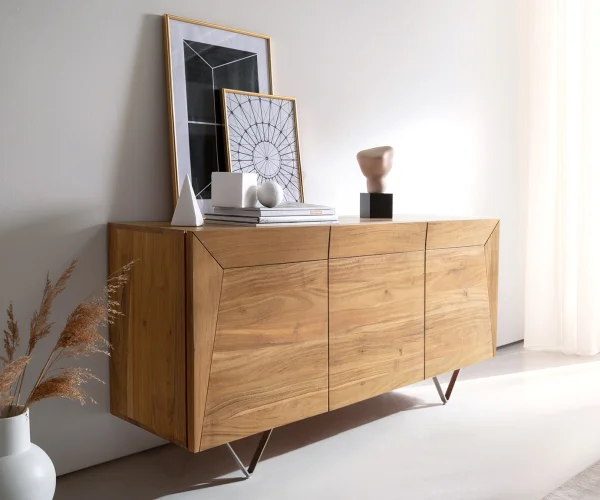 Buffet Kayu 145x40x70 cm acacia naturel 3 portes pied en V