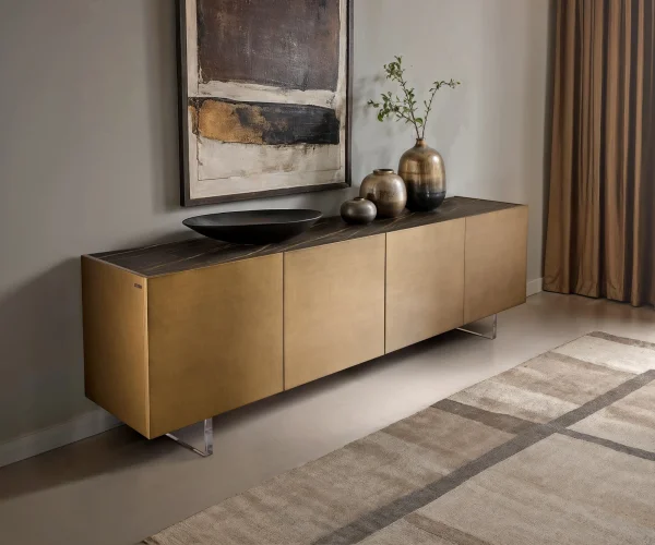 Buffet Kazu 220 cm Or métallique 4 portes Pied acrylique Céramique Laminam®Noir Desir Marron