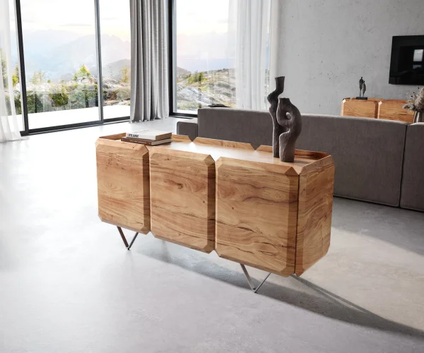 Buffet Kiano 145 cm Acacia Nature 3 Portes Pied en V Acier inoxydable Séparateur de pièce