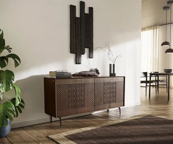 Buffet Manjula 145 cm manguier brun foncé 4 portes pied équerre métal noir