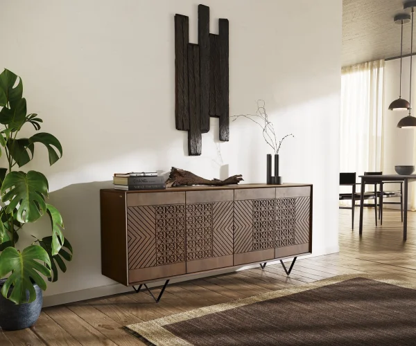 Buffet Manjula 170 cm Manguier Marron 4 portes Pied en V Métal Noir