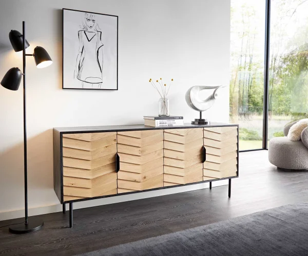 Buffet Muvi 175 cm chêne naturel manguier noir métal noir 4 portes