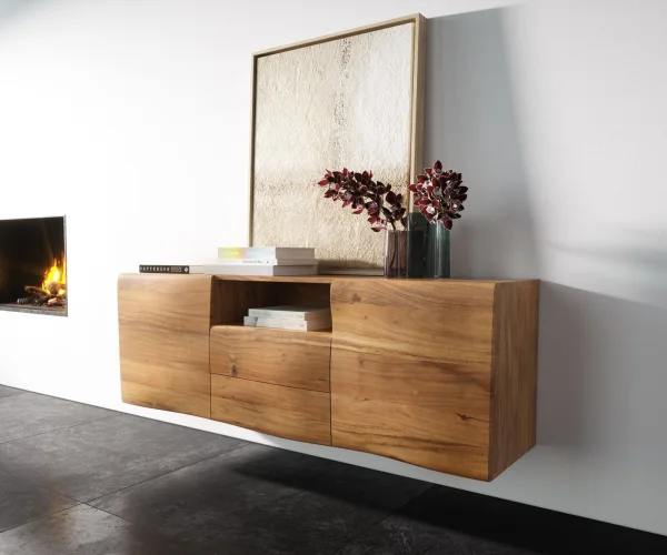 Buffet New Live-Edge 145 cm acacia naturel 2 portes 2 tiroirs 1 compartiment fixation murale