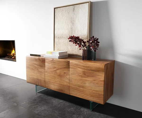 Buffet New Live-Edge 145 cm acacia naturel 3 portes pied en verre