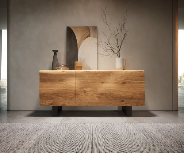 Buffet New Live-Edge 145 cm chêne naturel 3 portes patin métal noir