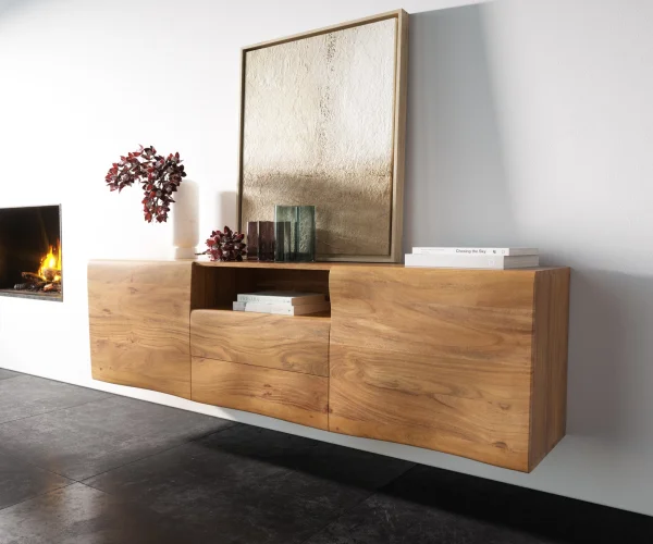 buffet New Live-Edge 175 cm acacia naturel 2 portes 2 tiroirs 1 compartiment  fixation murale