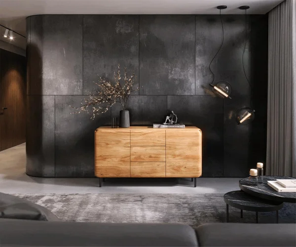 Buffet Shavani 145 cm Acacia naturel 2 portes 3 tiroirs Pieds ronds Métal Noir