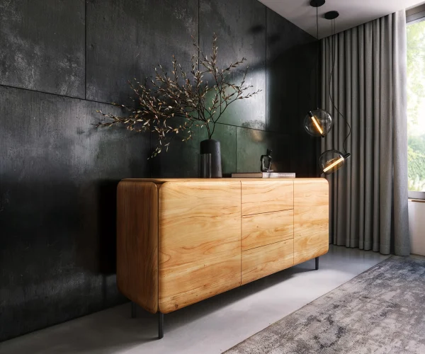 Buffet Shavani 175 cm acacia naturel 2 portes 3 tiroirs métal noir