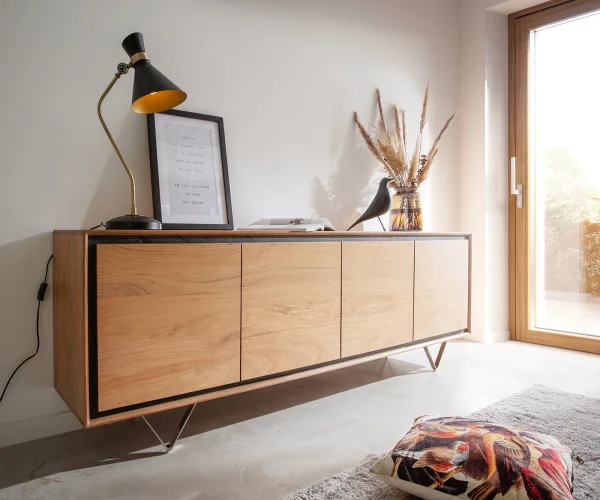 Buffet Stonegrace 200 cm acacia nature 4 portes placage en pierre pieds en V