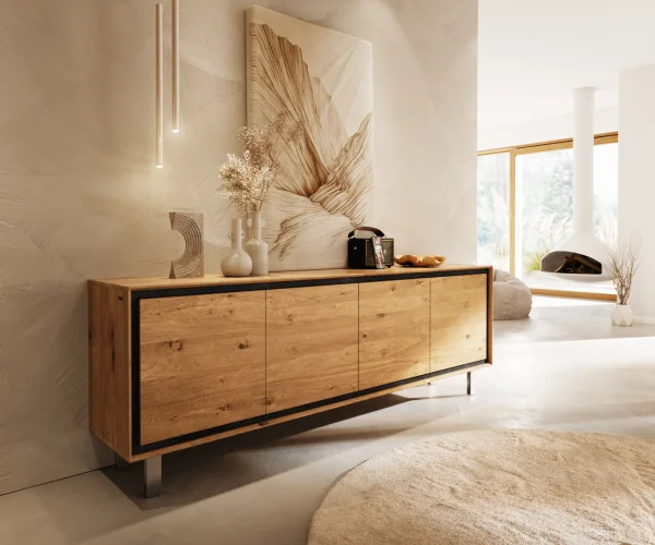 Buffet Stonegrace 200 cm chêne naturel 4 portes pied carré inoxydable brossé