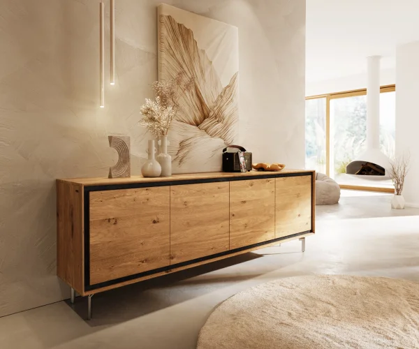 Buffet Stonegrace 200 cm chêne naturel 4 portes pied ovale inoxydable brossé