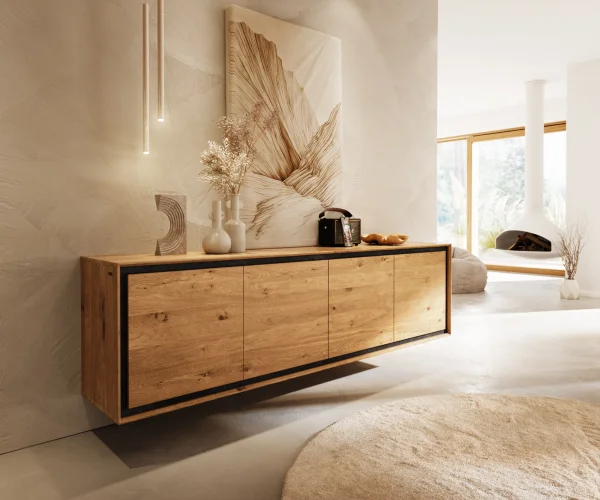 Buffet Stonegrace 200 cm Chêne Naturel 4 portes Placage pierre Flottant