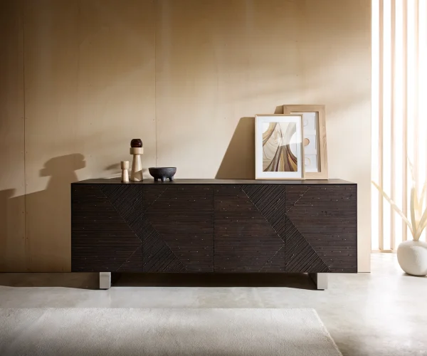 Buffet Tereos 200 cm frêne brun foncé effet 3D 4 portes patins en acier inoxydable brossé