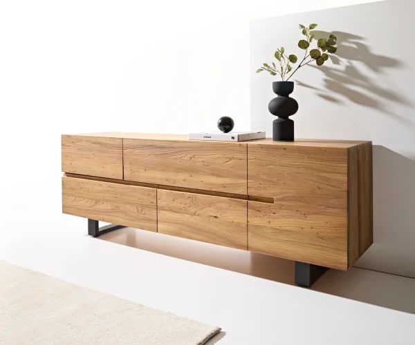Buffet Tiamar 180 cm orme naturel 1 porte 4 tiroirs patins métal noir
